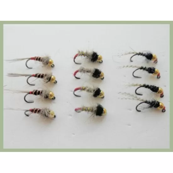 12 BARBLESS Goldhead Jigs -  HE Copper Rib, HE Red Tag, Black Red Head