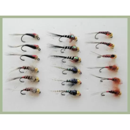 18 Barbless Goldhead Jig Flies - Pearl, Red dot, Red head, Copper rib, Red hothead, Red