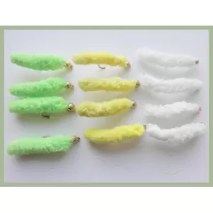 12 Mop Flies, lime Yellow & White Wotsits