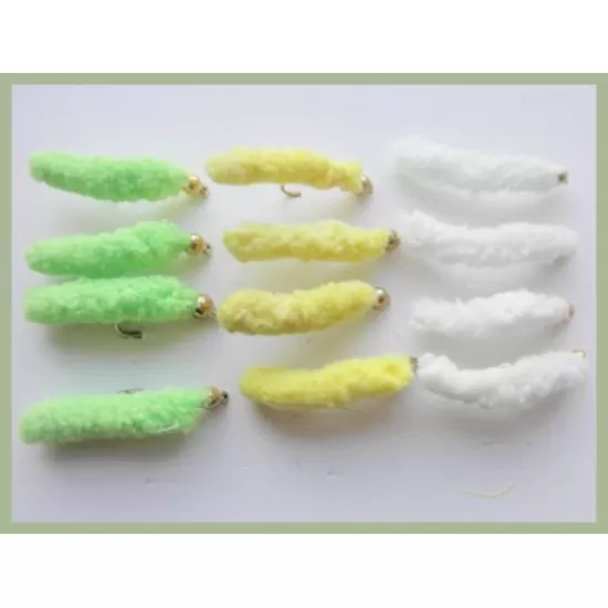 12 Mop Flies, lime Yellow & White Wotsits