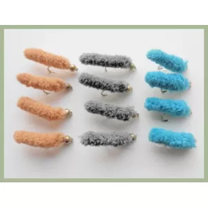 12 Mop Flies, Brown, Grey & Blue Wotsits