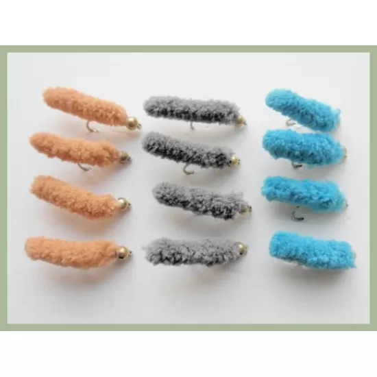 12 Mop Flies, Brown, Grey & Blue Wotsits