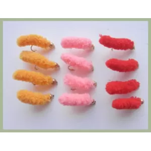 12 Mop Flies, Pink Orange & Red Wotsits