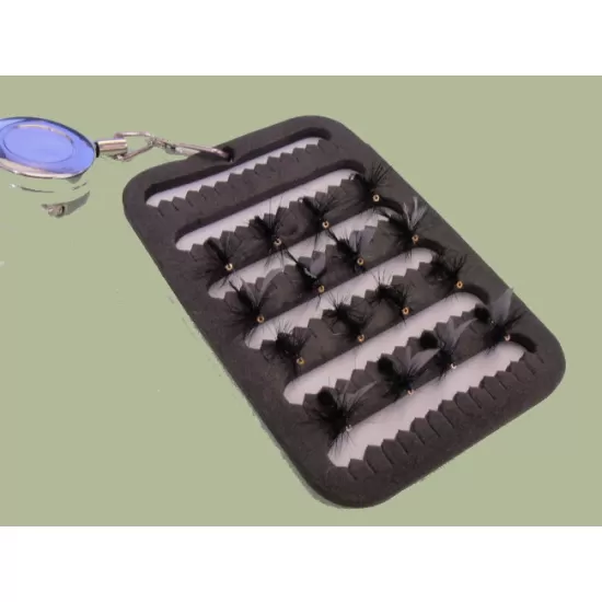 16 Dries - Gnat, Spider, Ant, Midge - on a Fly Patch with a Zinger