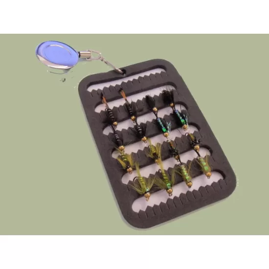 16 Black and Olive Goldhead Nymph on a Fly Patch with a Zinger