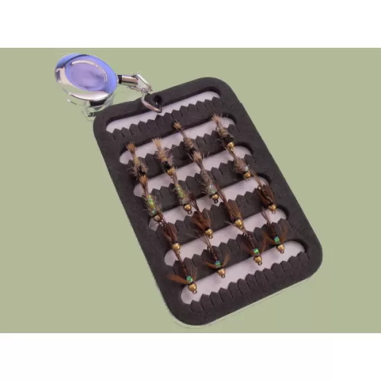 16 Hares Ear and Pheasant Tail Goldhead Nymph on a Fly Patch with a Zinger