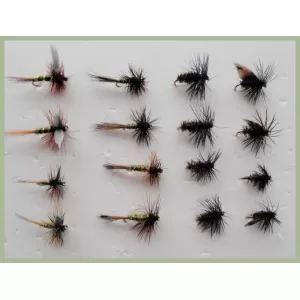 16 Small Hook Dry Flies - Greenwell, Alder and Black and Peacock