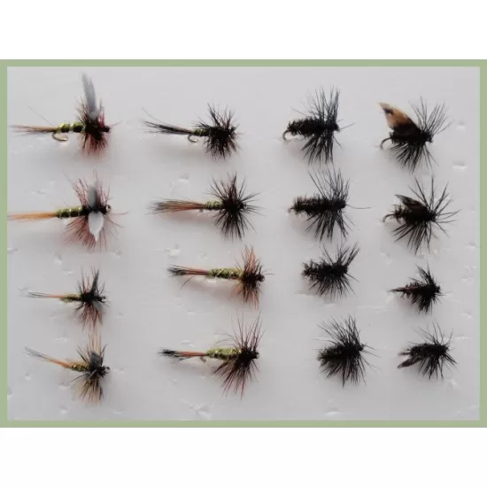 16 Small Hook Dry Flies - Greenwell, Alder and Black and Peacock