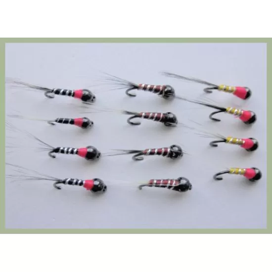 12 Barbless Tungsten Bead Perdigon Nymph - Black, Brown & Yellow