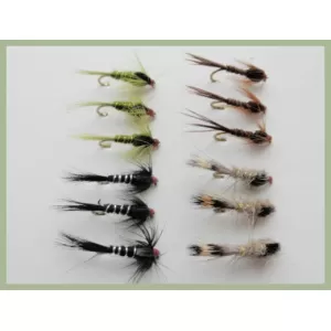 12 Hidden Weighted Nymphs - Olive, Pheasant Tail., Hares Ear, Black/Silver