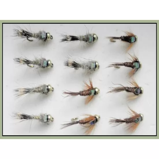 12 Barbless Goldhead Nymph - Flash Head Hares Ear and Flash Head Pheasant Tail