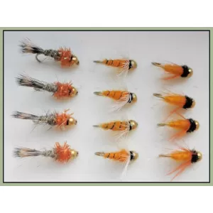 12 Goldhead Oranges Nymph - Toms choice, Aylotts, Hares ear orange collar