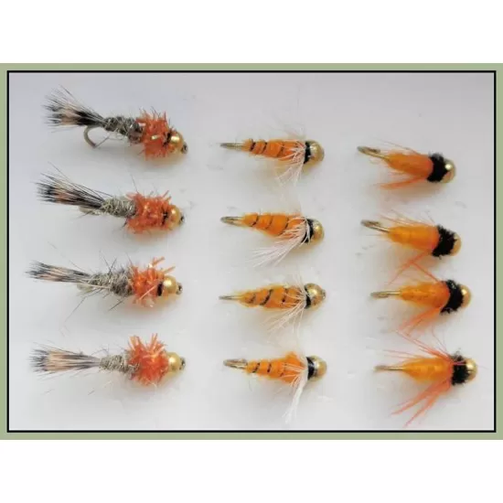 12 Goldhead Oranges Nymph - Toms choice, Aylotts, Hares ear orange collar