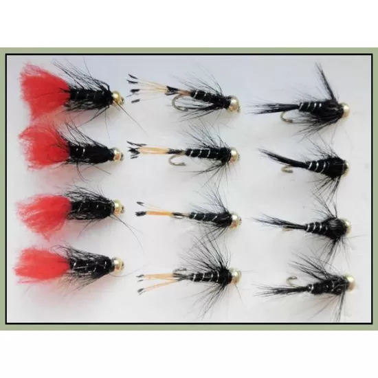 12 Barbless Goldhead Nymph, Blacks - Zulu, Black & Silver, Black & Pennel