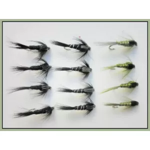 12 Nymph, Black Gnat, Olive & Black Silver Ribbed