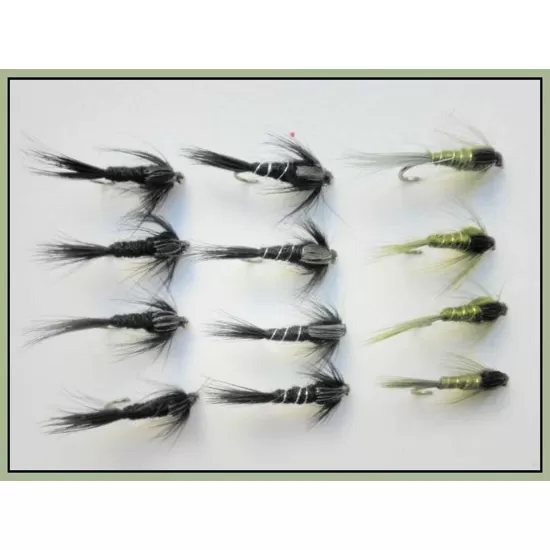 12 Nymph, Black Gnat, Olive & Black Silver Ribbed