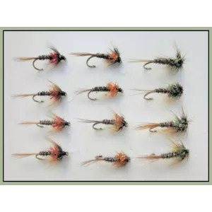 12 Barbless Crunchers, Red, Olive & Orange