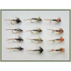 12 Barbless Crunchers, Black, Olive & Orange