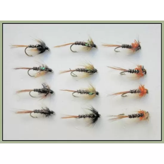 12 Barbless Crunchers, Black, Olive & Orange