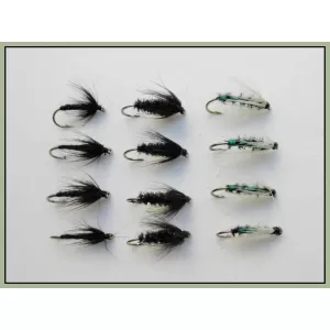 12 Wet Flies - Insect Green, Black & Peacock/Black Spider