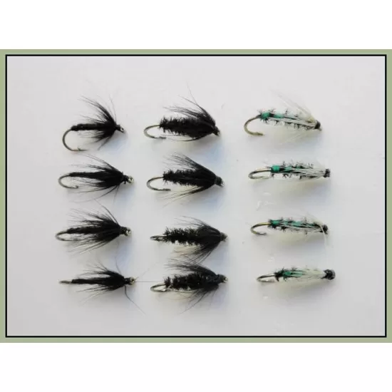 12 Wet Flies - Insect Green, Black & Peacock/Black Spider