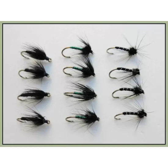 12 Wet Flies - Black Spider, Black Magic & Pearl Lurex