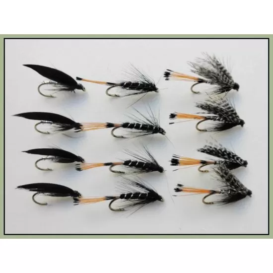 12 Wet Flies - Peter Ross,Black Pennel, Magpie & Silver