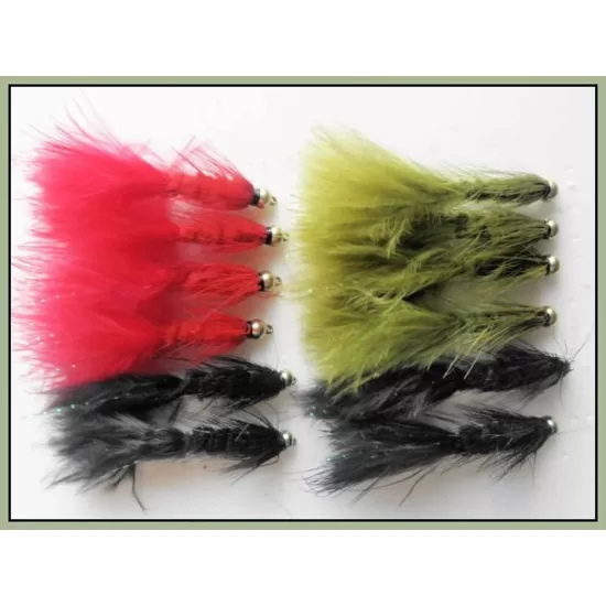 12 Barbless Goldhead Woolly Buggers, Black Olive and Red