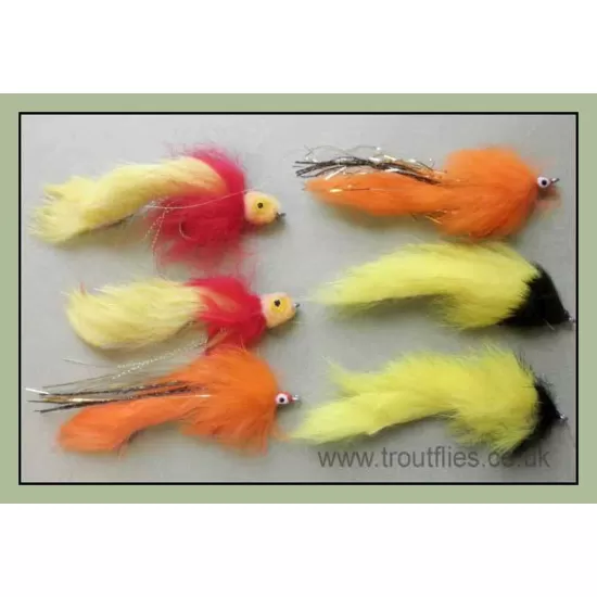 6 Mixed Pike Flies - Mad Mullet, Yellow/Black Bunny, Pumpkin