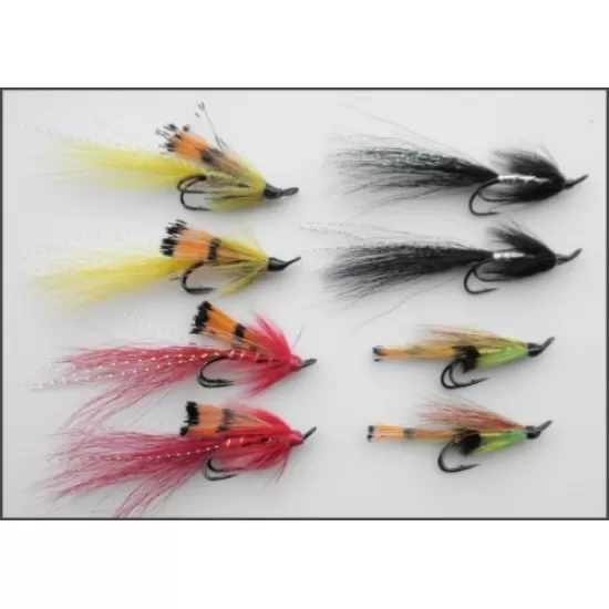 8 Salmon Doubles - Black and Silver, Red Allys Shrimp, Yellow Allys Shrimp and Green Highlander
