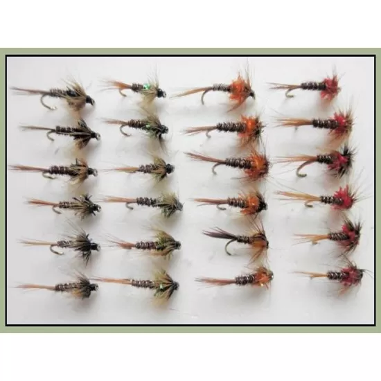 24 Barbless Cruncher Nymphs - Black, Olive, Red, Orange