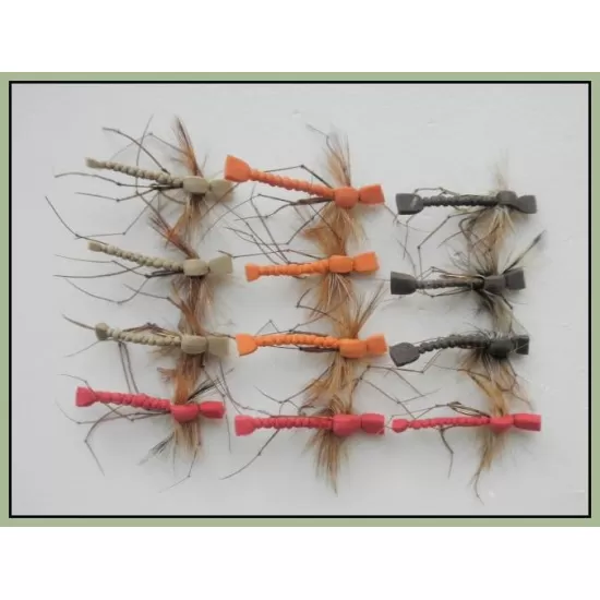 12 Barbless Mixed Foam Daddy Long Legs - Orange, Red, Tan, Brown