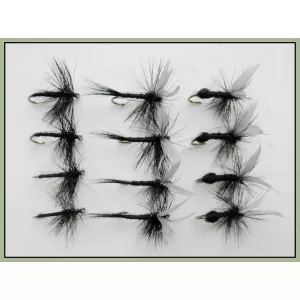 12 Barbless Dry Flies - Black Ant,Black Gnat & Spider