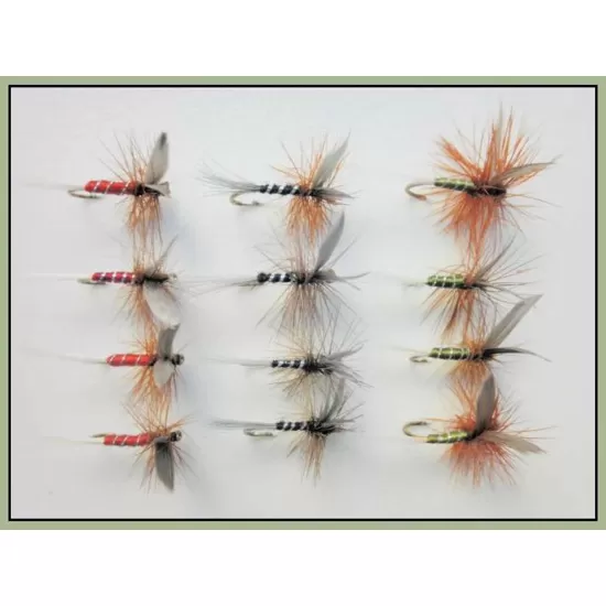 12 Barbless Spinners, Red, Black & Olive
