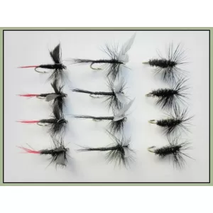 12 Barbless Dry Flies - Black Gnat, Black &  Peacock & Red Tailed Gnat