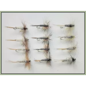 12 Dry Flies - Grey Duster, Adams, & Kites Imperial