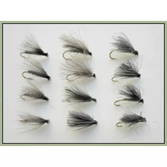 12 Mixed CDC F  Flies - olive, black and hares ear