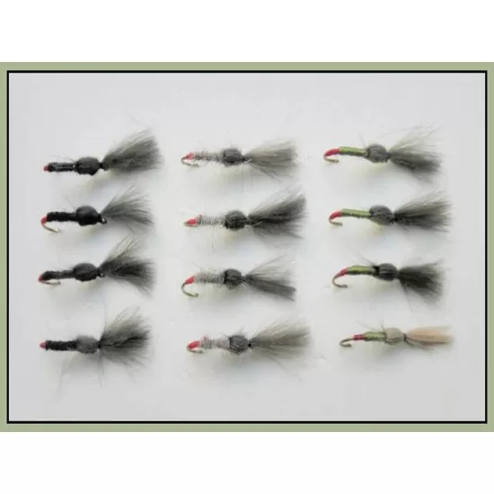 12 Barbless Shuttlecock Flies - Olive, Black & Hares ear