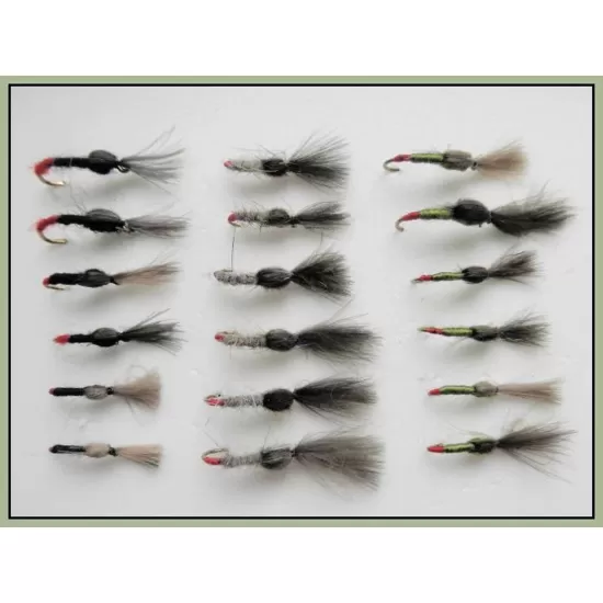 18 Barbless CDC Shuttlecocks - Black, Olive & Hares ear