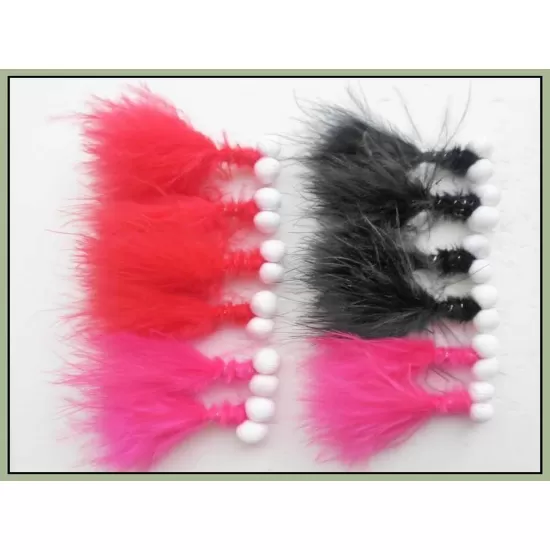 12 Barbless Booby Trout Flies Pink ,Black and Red
