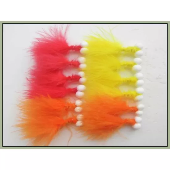 12 Barbless Booby Trout Flies Orange,Red and Yellow