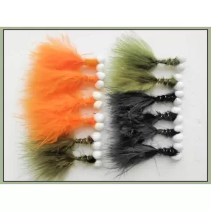 12 Barbless Booby Trout Flies Orange,Olive and Black