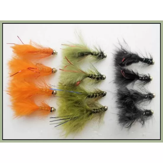 12 Goldhead Flash Damsels. Orange, Black & Olive