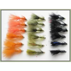 18 Mini Goldhead Flash Damsels, Orange, Black and Olive