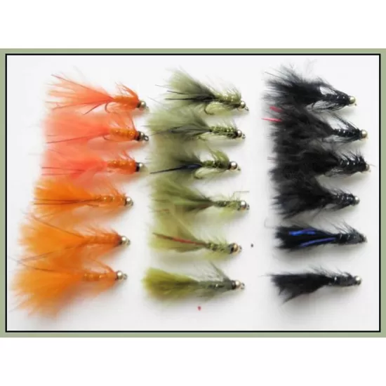 18 Mini Goldhead Flash Damsels, Orange, Black and Olive