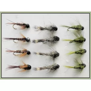 12 Tungsten Bead Flies - Pheasant Tail/ Hares Ear/Olives