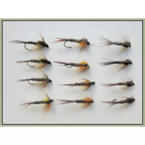 12 Pheasant Tail  Nymph Flies - orange, natural & yellow