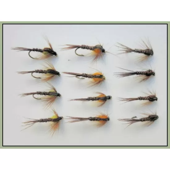 12 Pheasant Tail  Nymph Flies - orange, natural & yellow
