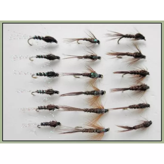 18 Nymph Flies - Pheasant Tails, Pearly, Flash and Natural