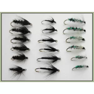 18 Wets Flies, Spider Patterns - Black Peacock, Insect Green, Black 